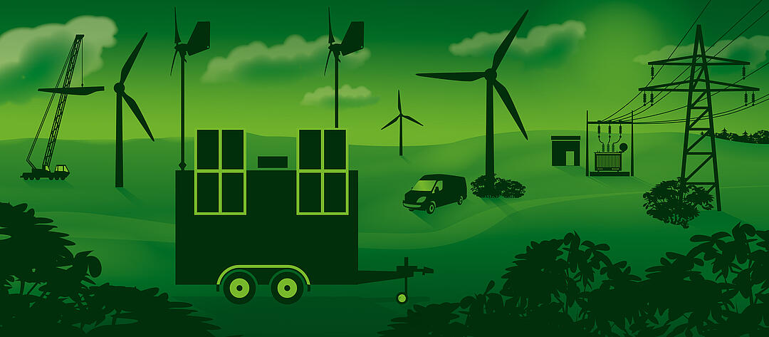 Illustration of a green landscape with a trailer and several wind turbines in the background.