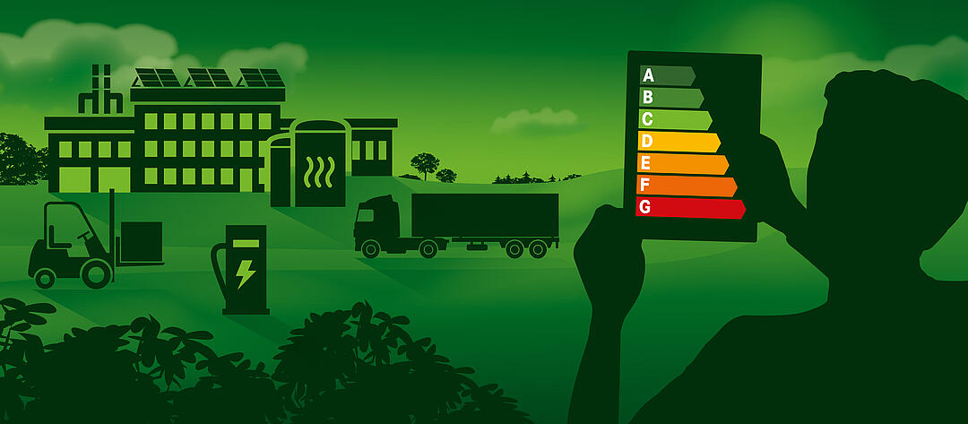 lllustration of a green landscape with buildings and a charging station. One person holds up a tablet with letters in different colours.
