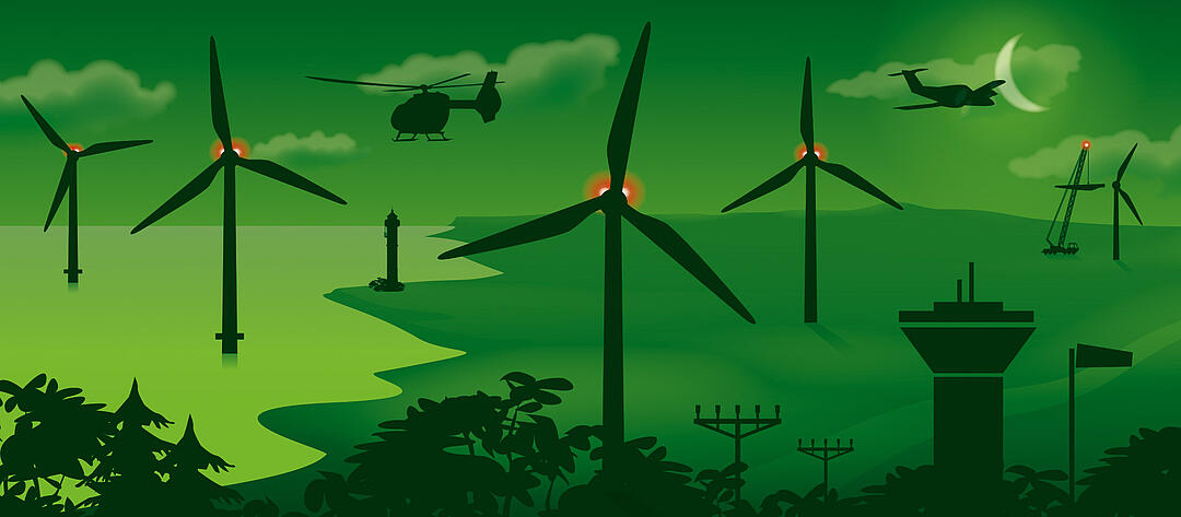 Illustration einer grünen Landschaft mit Windanlagen. Am Himmel sind ein Hubschrauber und ein Sichelmond.