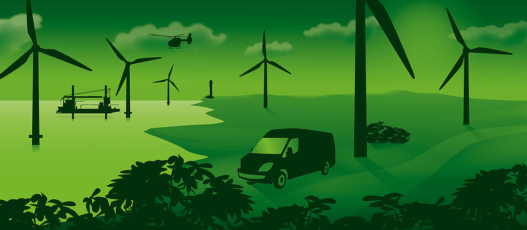Illustration einer hügeligen, grünen Landschaft mit Windenergieanlagen. An einem Mast parkt ein Van.