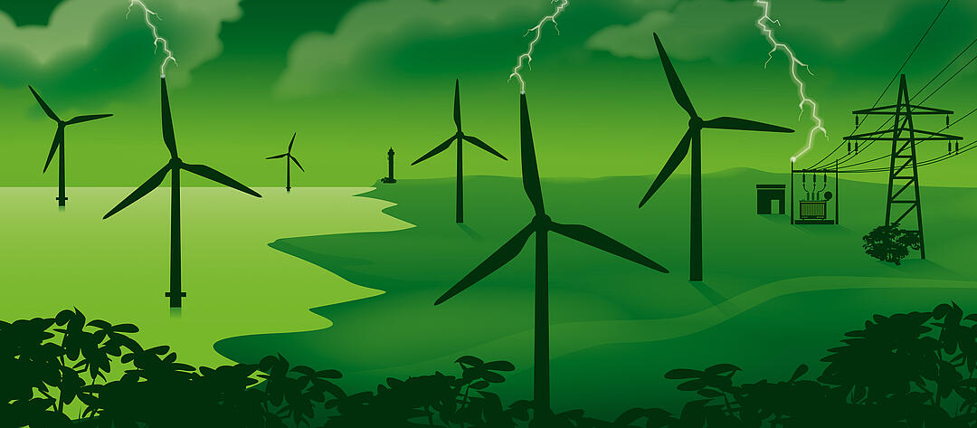 Illustration of a green landscape with wind turbines and electricity pylons. Two lightning strikes.