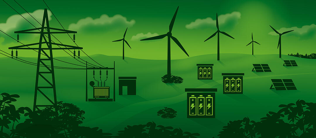 Illustration einer grünen Hügellandschaft mit Strommasten und Windenergienanlagen.